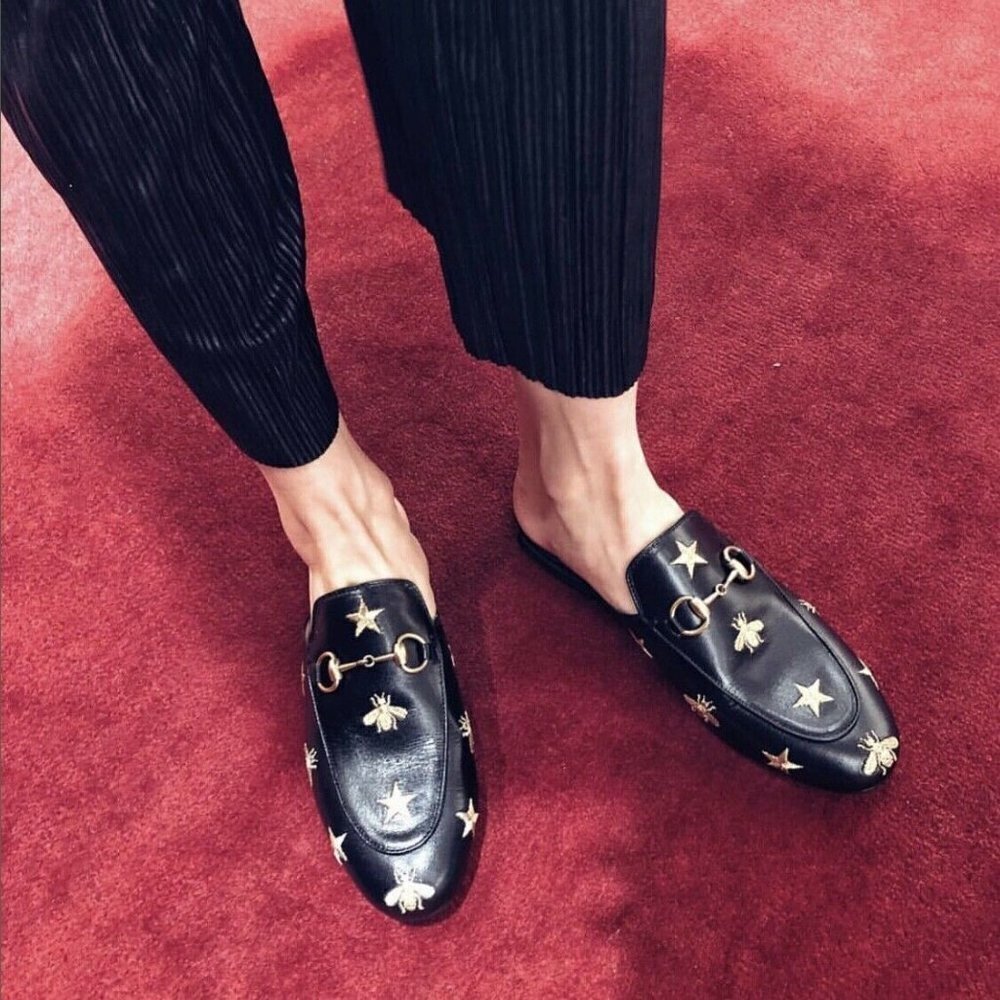 GUCCI Princetown Bees & Stars Embroidered Mules Black Leather Blogger Celebrity - Picture 12 of 13